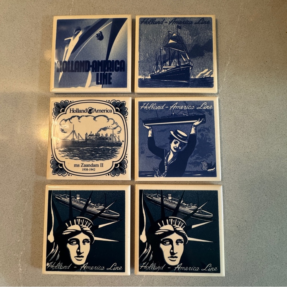 Holland America Line Ceramic Coasters Blue and White Set of 6